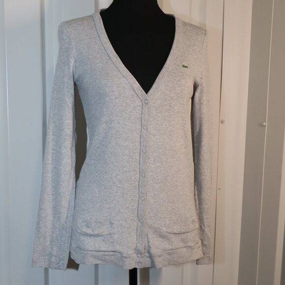 Lacoste Women's Ribbed Knit Lightweight Cotton Blend Cardigan Size EU42 US L EUC - Picture 1 of 9